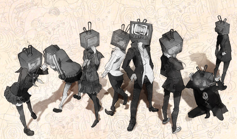 otofuke, amagi yukiko, hanamura yousuke, kujikawa rise, kuma (persona 4), narukami yu, satonaka chie, shirogane naoto, tatsumi kanji, atlus, persona, persona 4, 4boys, 4girls, monochrome, multiple boys, multiple girls, object head, pink background, school uniform, surreal, television, thighhighs