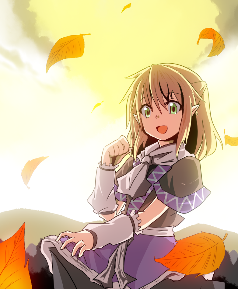suna (sunaipu), sunaipu, mizuhashi parsee, touhou, 1girl, blonde hair, female focus, green eyes, leaf, pointy ears, smile, solo