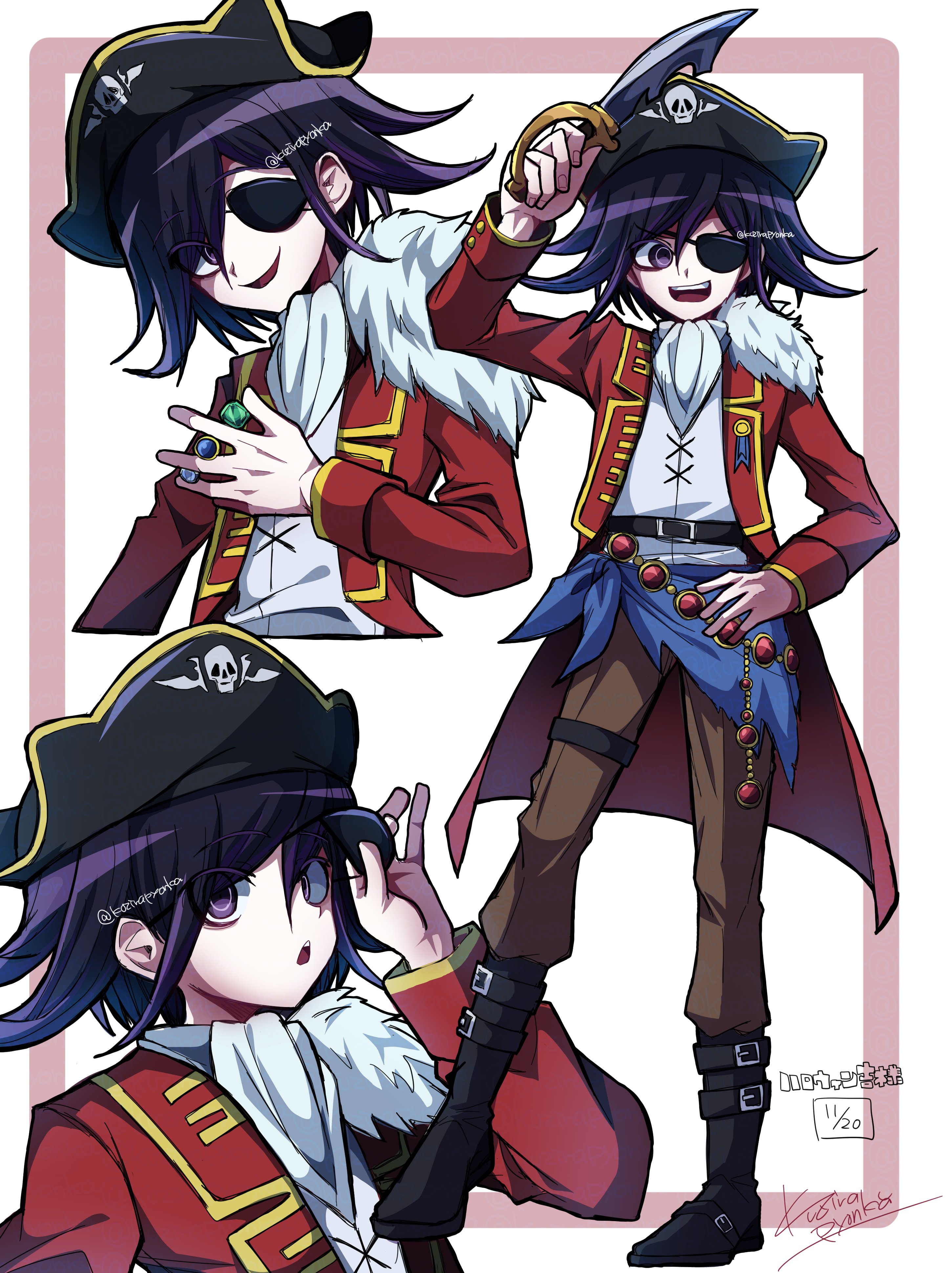 kujira pyon ka, oma kokichi, danganronpa (series), danganronpa v3: killing harmony, absurdres, highres, 1boy, :d, :o, alternate costume, belt, black belt, black hat, boots, brown pants, chain, eyepatch, eyepatch lift, hand up, hat, holding, holding weapon, jacket, long sleeves, looking at viewer, male focus, multiple views, open clothes, open jacket, open mouth, pants, pink eyes, pirate, pirate hat, red jacket, shirt, smile, weapon, white background, white shirt