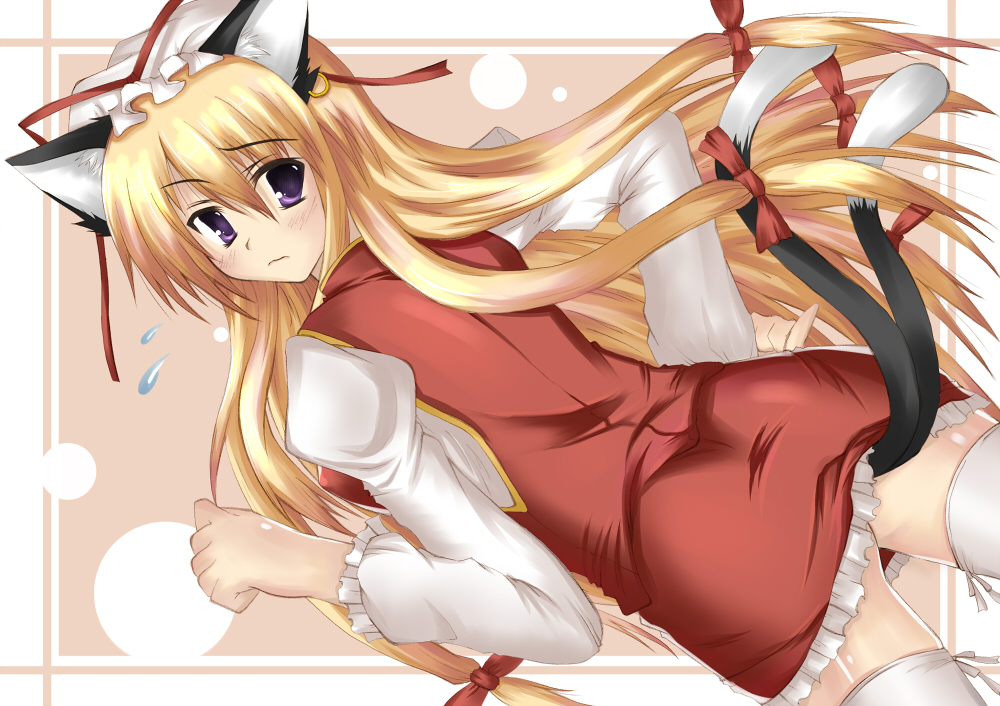 nozomi tsubame, chen, yakumo yukari, touhou, 1girl, animal ears, ass, blonde hair, cat ears, cat girl, cat tail, chen (cosplay), cosplay, dutch angle, earrings, embarrassed, female focus, hair ribbon, hat, jewelry, long hair, looking back, multiple tails, paw pose, purple eyes, ribbon, simple background, solo, tail