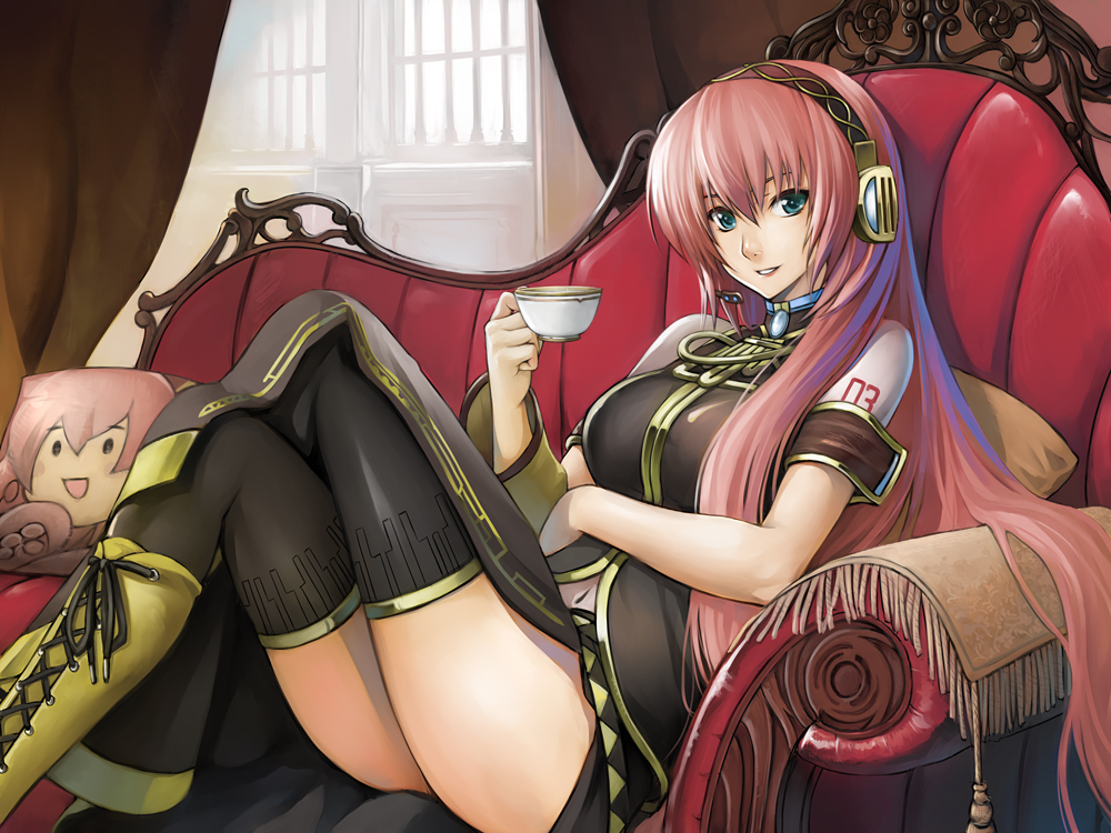 kurojishi, megurine luka, takoluka, vocaloid, bad id, bad pixiv id, 1girl, bare shoulders, black thighhighs, blue eyes, boots, cameo, couch, crossed legs, cup, female focus, headset, knee boots, lace-up boots, long hair, navel, pillow, pink hair, red upholstery, sitting, smile, solo, tea, thighhighs, thighs, very long hair, window