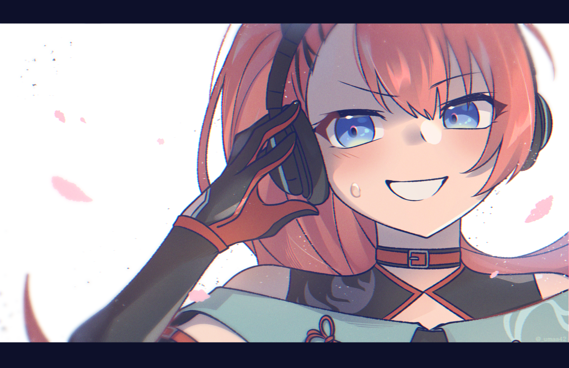 umaa42, tamade chiyu, bang dream!, commentary request, highres, 1girl, :d, aqua shirt, belt collar, black collar, black gloves, black shirt, blue eyes, blurry, collar, depth of field, elbow gloves, facing viewer, falling petals, gloves, grin, hair between eyes, hair ornament, hairpin, hand on headphones, hand up, headphones, long hair, looking to the side, multiple hairpins, off-shoulder shirt, off shoulder, official alternate costume, official alternate hairstyle, open mouth, parted bangs, petals, pink hair, pink petals, portrait, raised eyebrow, red collar, red gloves, red ribbon, ribbon, shirt, smile, solo, sweatdrop, two-tone collar, two-tone gloves, white background