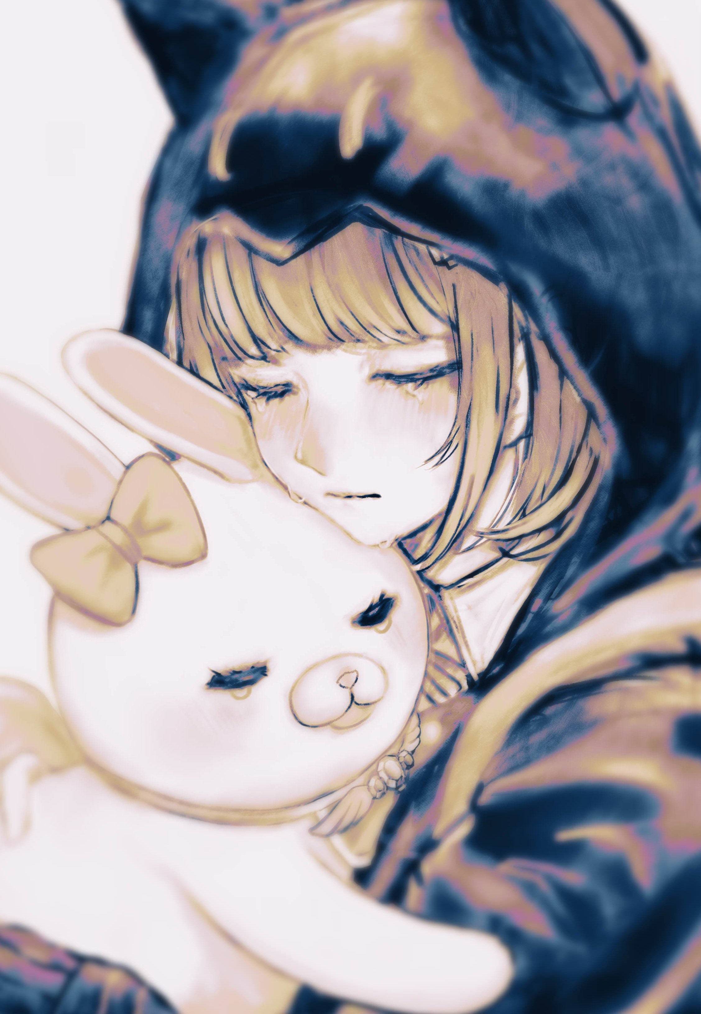 o-sa shimi, nanami chiaki, usami (danganronpa), danganronpa (series), danganronpa 2: goodbye despair, absurdres, highres, 1girl, animal ears, blush, bow, brown hair, closed mouth, collared shirt, ear bow, fake animal ears, hood, hood up, hooded jacket, jacket, long sleeves, medium hair, pink bow, shirt, solo, tears, upper body