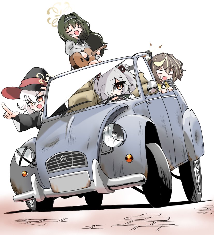 eri (blue archive), kanoe (blue archive), rena (blue archive), tsumugi (blue archive), blue archive, citroen, 4girls, angry, broken, brown hair, car, citroen 2cv, closed eyes, driving, grey car, guitar, halo, hat, instrument, long hair, medium hair, motor vehicle, multiple girls, music, niwakafune, open mouth, playing instrument, pointing, rust, school uniform, shirt, singing, star (symbol), star in eye, symbol in eye, white shirt, witch, witch hat, yellow halo