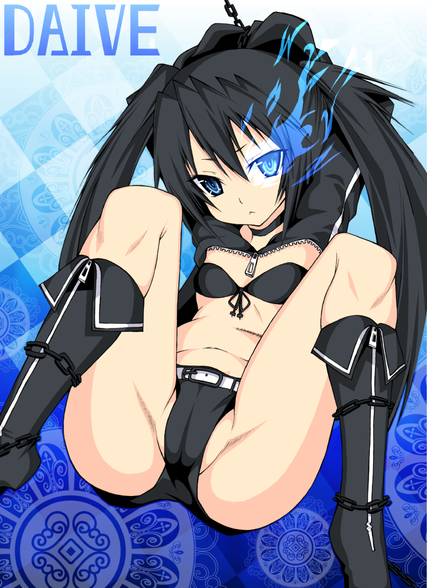 daive, black rock shooter (character), black rock shooter, bad id, bad pixiv id, highres, 10s, 1girl, arms up, bdsm, belt, bikini, bikini top only, black bikini, black hair, black shorts, blue eyes, bondage, boots, bound, cameltoe, chain, denim, denim shorts, female focus, loli, long hair, navel, scar, shorts, solo, spread legs, swimsuit, twintails