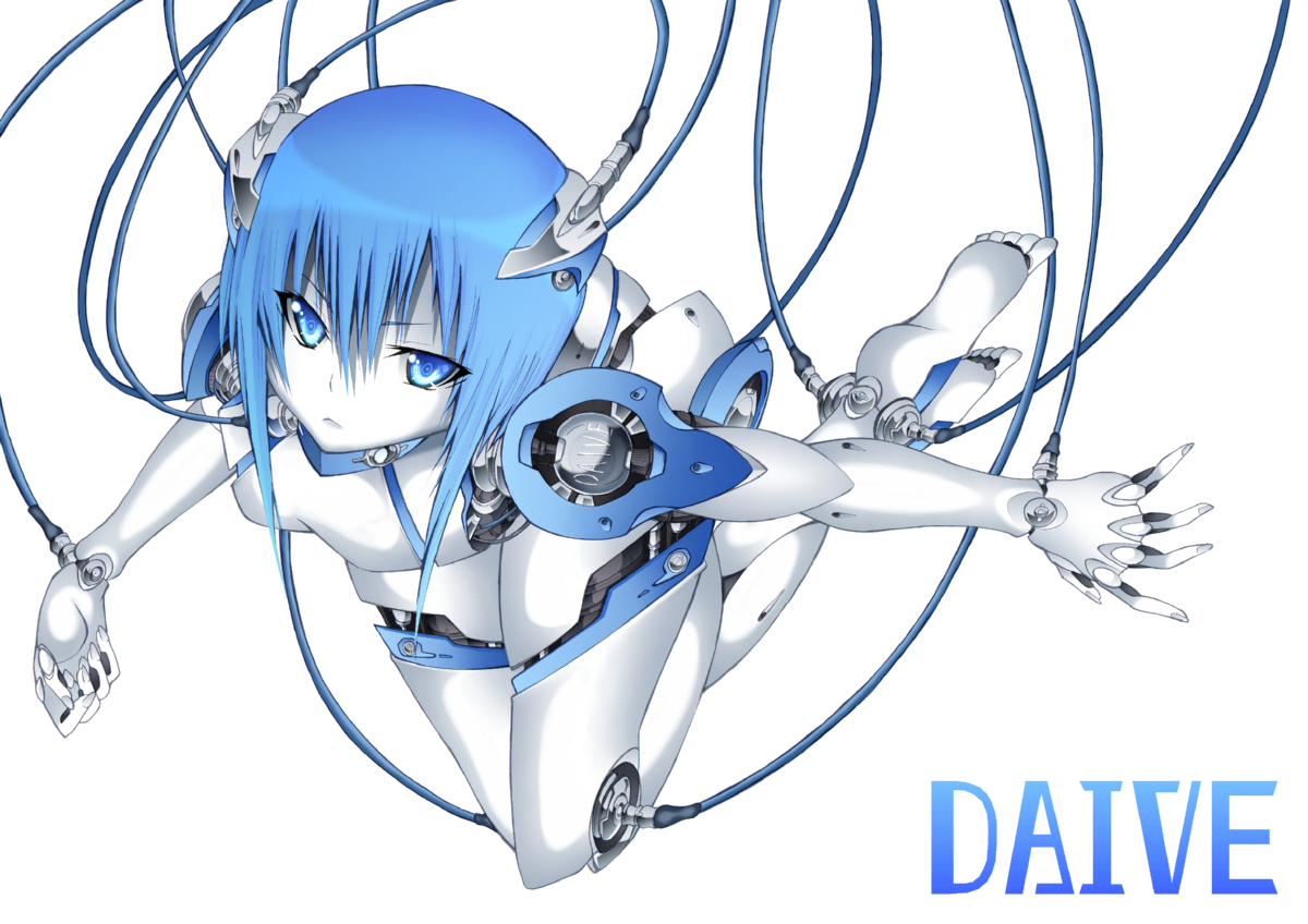 daive, 1girl, android, barefoot, blue eyes, blue hair, cable, female focus, joints, matching hair/eyes, pale skin, robot, robot joints, short hair, solo, wire
