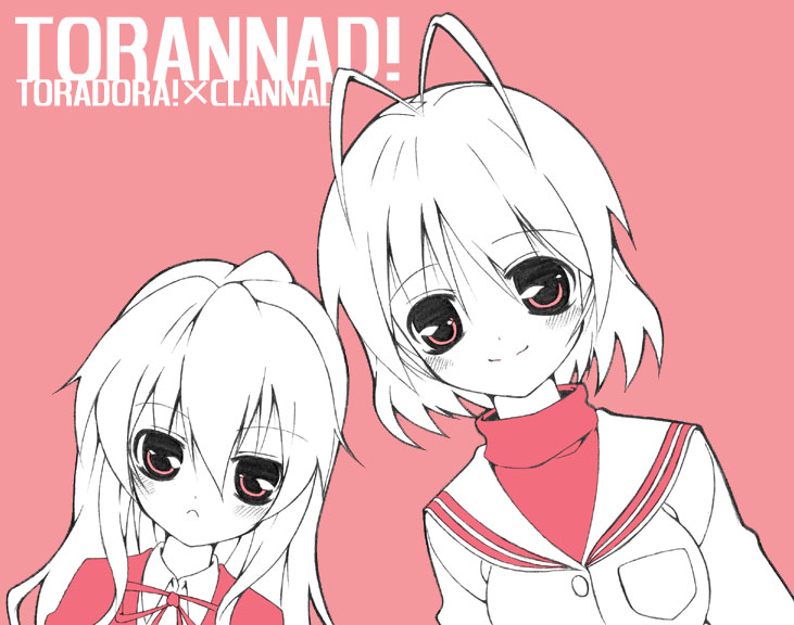 nagatsuki (nyagatsuki), aisaka taiga, furukawa nagisa, clannad, toradora!, 00s, 2girls, antenna hair, crossover, long hair, monochrome, multiple girls, pink background, pink theme, school uniform, short hair, simple background