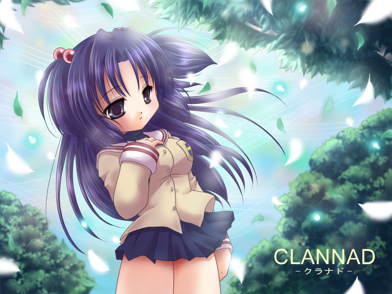 narimiya momone, ichinose kotomi, clannad, 00s, blue hair, hair bobbles, hair ornament, long hair, purple eyes, school uniform, solo, twintails, two side up, wind, wind lift