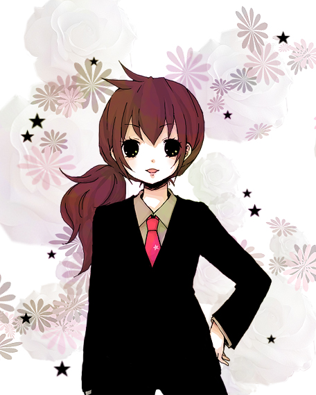 1st-mn, tsubomi-chan, original, 1girl, brown hair, female focus, flower, formal clothes, hand on own hip, hip focus, necktie, pant suit, pants, solo, star (symbol), suit