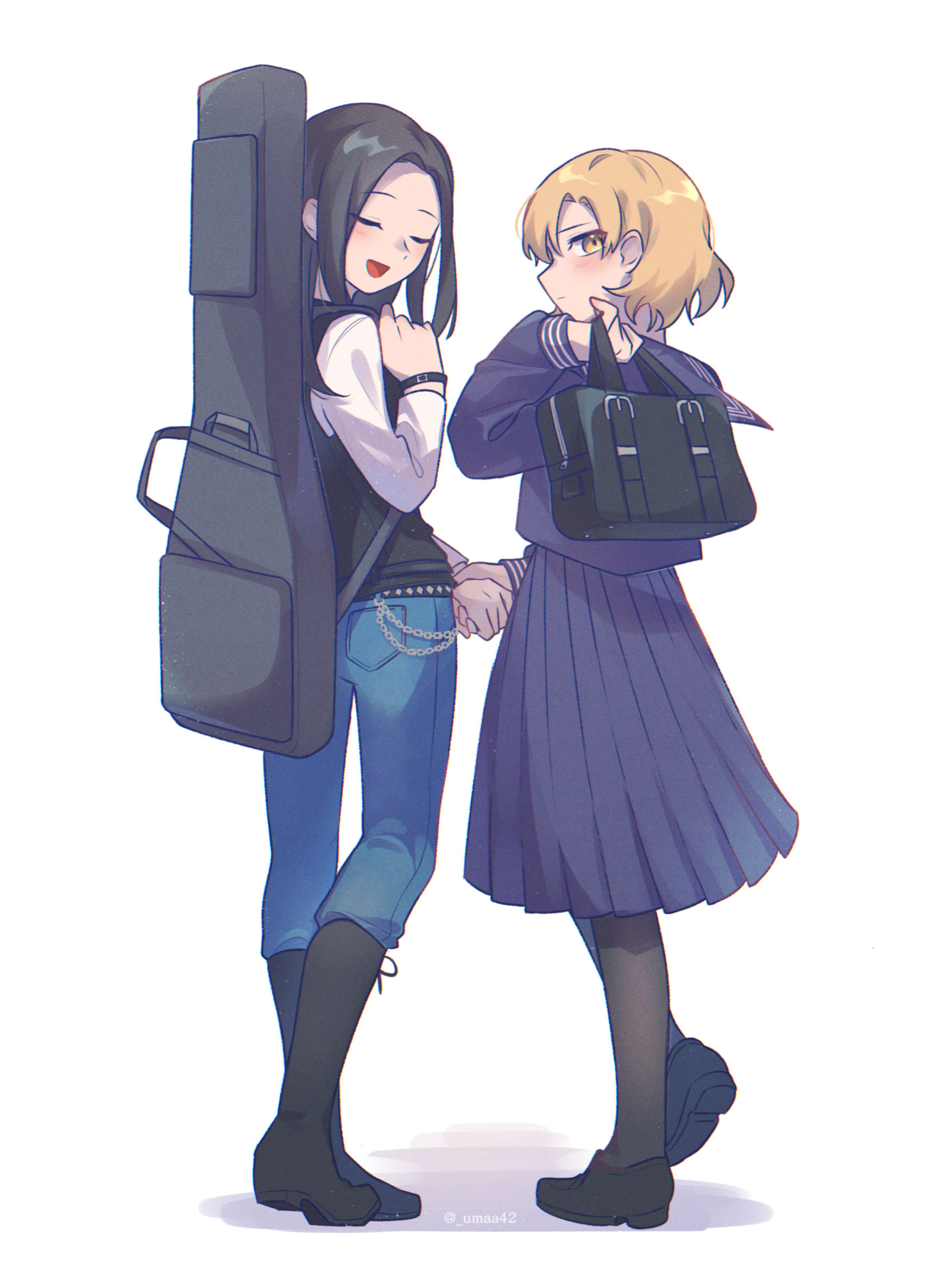 umaa42, sato masuki, wakana rei, bang dream!, commentary request, highres, 2girls, :d, :|, asymmetrical footwear, bag, black boots, black hair, black jacket, black shoes, black socks, blonde hair, blue shoes, blush, boots, closed eyes, closed mouth, denim, from behind, full body, guitar case, hand up, holding hands, instrument case, invisible floor, jacket, jeans, leg up, loafers, long hair, long sleeves, looking at viewer, looking back, mismatched footwear, multiple girls, open mouth, pants, pantyhose, pocket, profile, purple serafuku, school bag, school uniform, serafuku, shirt, shoes, short hair, side-by-side, sidelocks, simple background, sleeveless, sleeveless jacket, smile, socks, standing, standing on one leg, twitter username, white background, white shirt, wrist belt, wrist chain, yellow eyes