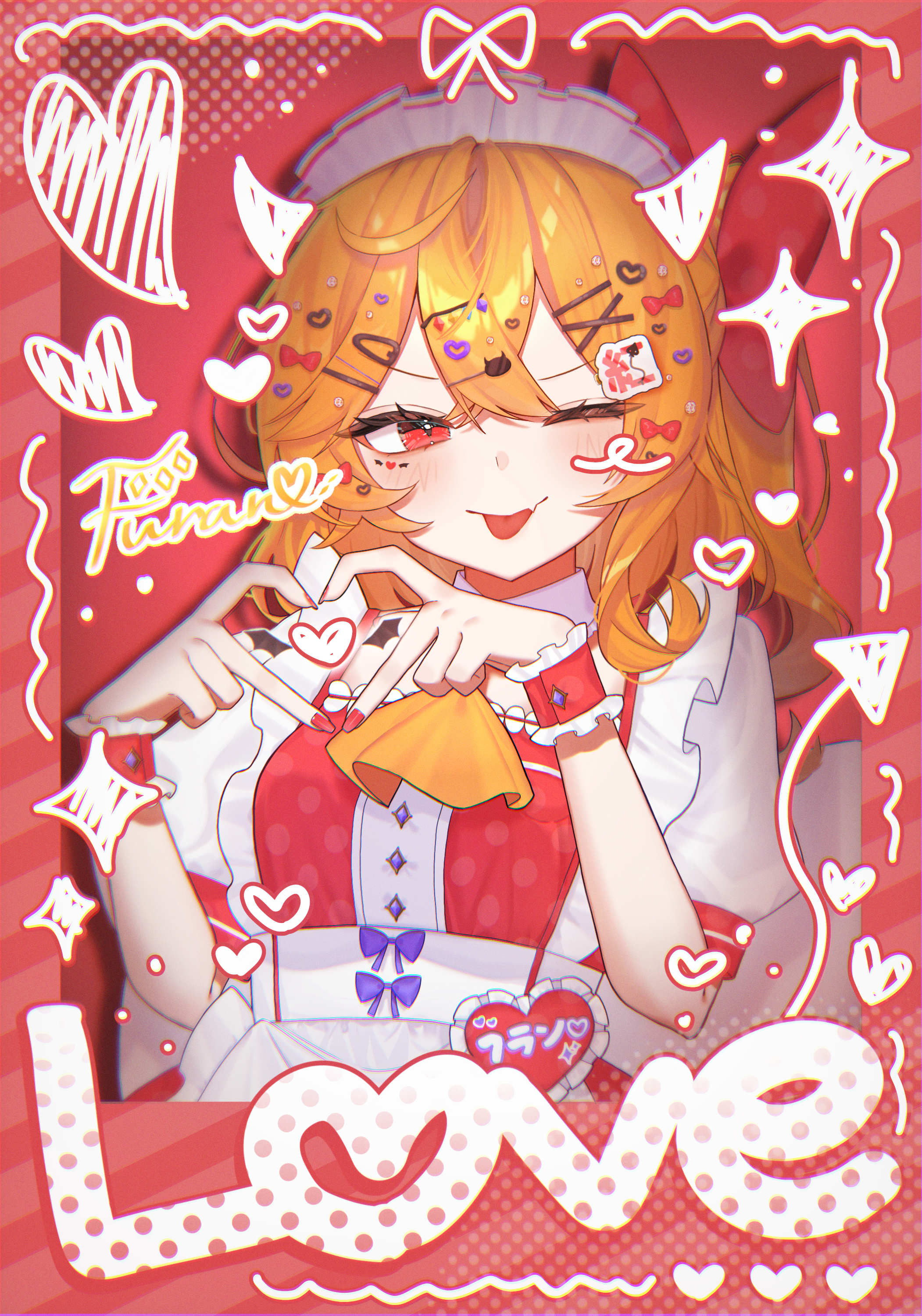 flandre scarlet, holonatsu paradise, touhou, absurdres, highres, 1girl, alternate costume, apron, ascot, blonde hair, blush, bow, cowboy shot, english text, hair ornament, hairclip, hairpin, heart, heart hands, long hair, looking at viewer, maid, maid apron, maid headdress, multiple hairpins, nyaatsu, one eye closed, polaroid photo, puffy short sleeves, puffy sleeves, red background, red eyes, short sleeves, smile, solo, sparkle, tongue, tongue out, wrist cuffs, yellow ascot