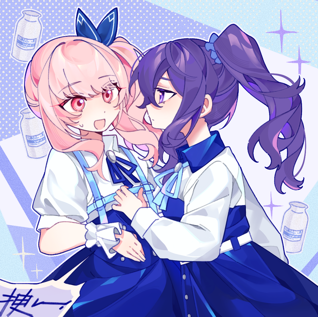laylayhappy, akiyama mizuki, asahina mafuyu, project sekai, chinese commentary, commentary request, translation request, 1girl, 1other, :d, belt, blue background, blue bow, blue dress, blue ribbon, blue scrunchie, blue skirt, bottle, bow, buttons, closed mouth, contrast collar, double-breasted, dress, eye contact, eyes visible through hair, face-to-face, film grain, frilled wrist cuffs, frills, hair between eyes, hair bow, hair ornament, hair scrunchie, high ponytail, high side ponytail, long sleeves, looking at another, neck ribbon, open mouth, outline, pink eyes, pink hair, polka dot, polka dot background, ponytail, profile, puffy long sleeves, puffy short sleeves, puffy sleeves, purple background, purple eyes, purple hair, ribbon, scrunchie, shirt, short sleeves, side ponytail, sidelocks, simple background, skirt, sleeveless, sleeveless dress, smile, sparkle, sweatdrop, swept bangs, upper body, wavy hair, white belt, white outline, white shirt, white wrist cuffs, wrist cuffs