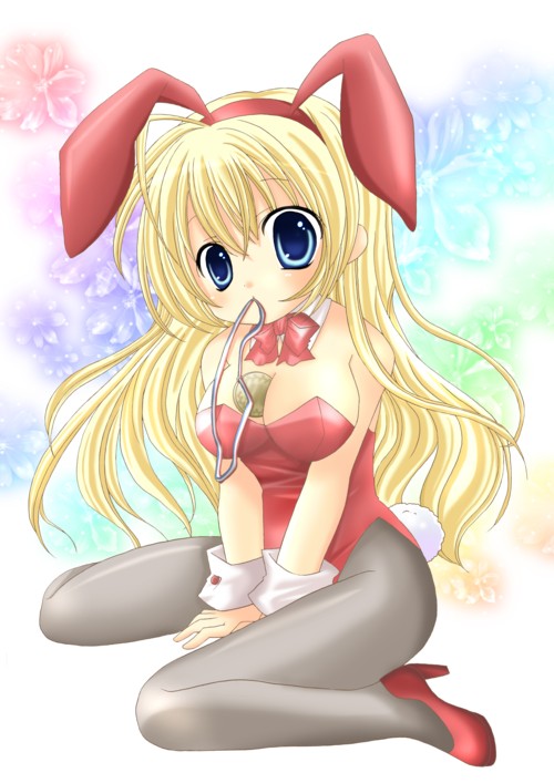 arisugawa ichigo, 1girl, animal ears, between breasts, blonde hair, blue eyes, breasts, fake animal ears, female focus, large breasts, long hair, medal, mouth hold, pantyhose, playboy bunny, rabbit ears, solo