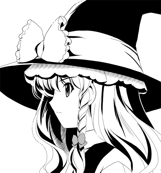 yamaguchi takashi, yamaguchi yuu, kirisame marisa, touhou, 1girl, braid, female focus, greyscale, hat, monochrome, solo, witch, witch hat