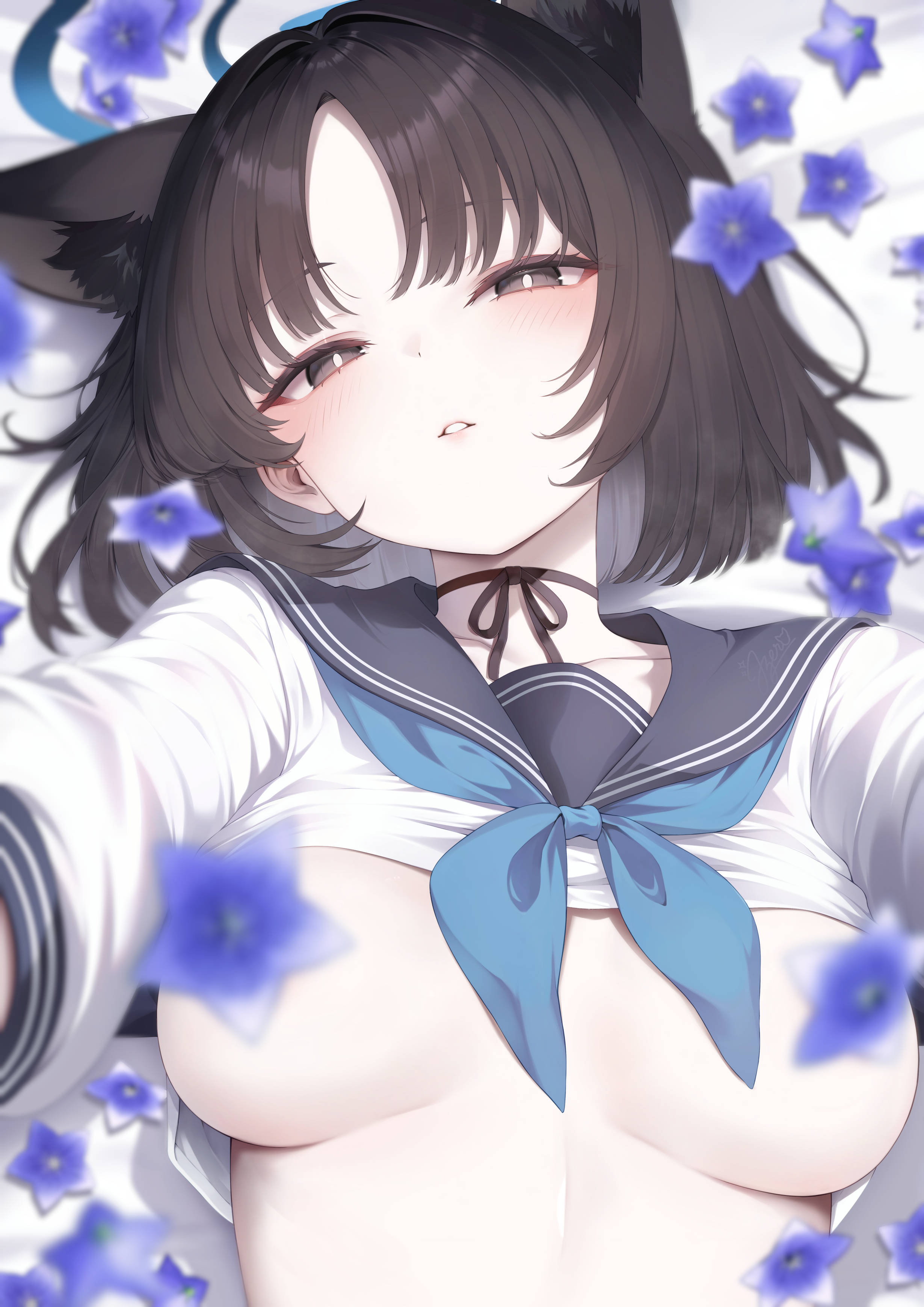 john zerowb, kikyou (blue archive), blue archive, absurdres, highres, 1girl, animal ears, black eyes, black hair, blue halo, blue neckerchief, blurry, blurry foreground, breasts, cat ears, cat girl, cat tail, clothes lift, convenient censoring, extra ears, halo, looking at viewer, medium breasts, neckerchief, no bra, outstretched arms, reaching, reaching towards viewer, school uniform, serafuku, shirt lift, short hair, solo, tail, upper body