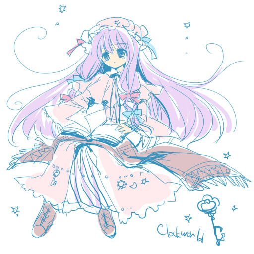 torii sumi, patchouli knowledge, touhou, 1girl, book, female focus, flat color, full body, purple hair, ribbon, simple background, sketch, solo