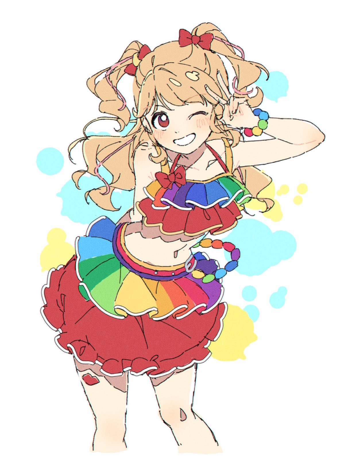 ginjiro (ginjiroxx), character request, copyright request, highres, 1girl, bikini, blush, bracelet, cowboy shot, frilled bikini, frills, jewelry, long hair, navel, one eye closed, red eyes, sidelocks, smile, solo, swimsuit, twintails, v