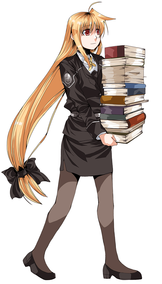 clipe, fate testarossa, lyrical nanoha, mahou shoujo lyrical nanoha, mahou shoujo lyrical nanoha strikers, duplicate, 00s, 1girl, blonde hair, book, female focus, long hair, low-tied long hair, pantyhose, red eyes, solo, very long hair