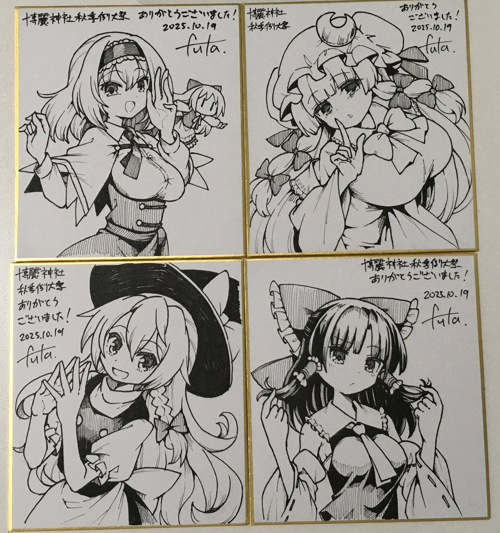 futa (nabezoko), alice margatroid, hakurei reimu, kirisame marisa, patchouli knowledge, shanghai doll, touhou, commentary request, highres, photo (medium), traditional media, translation request, 4girls, apron, ascot, bow, bowtie, braid, breasts, capelet, closed mouth, crescent, crescent hat ornament, detached sleeves, doll, dress, finger to mouth, frilled bow, frilled hair tubes, frilled hairband, frills, hair bow, hair tubes, hairband, hat, hat bow, hat ornament, holding, holding own hair, large breasts, lolita hairband, long hair, looking at viewer, mob cap, multiple girls, multiple hair bows, open mouth, own hands together, ribbon-trimmed sleeves, ribbon trim, shikishi, shushing, side braid, single braid, smile, steepled fingers, very long hair, vest, waist apron, witch hat, | |