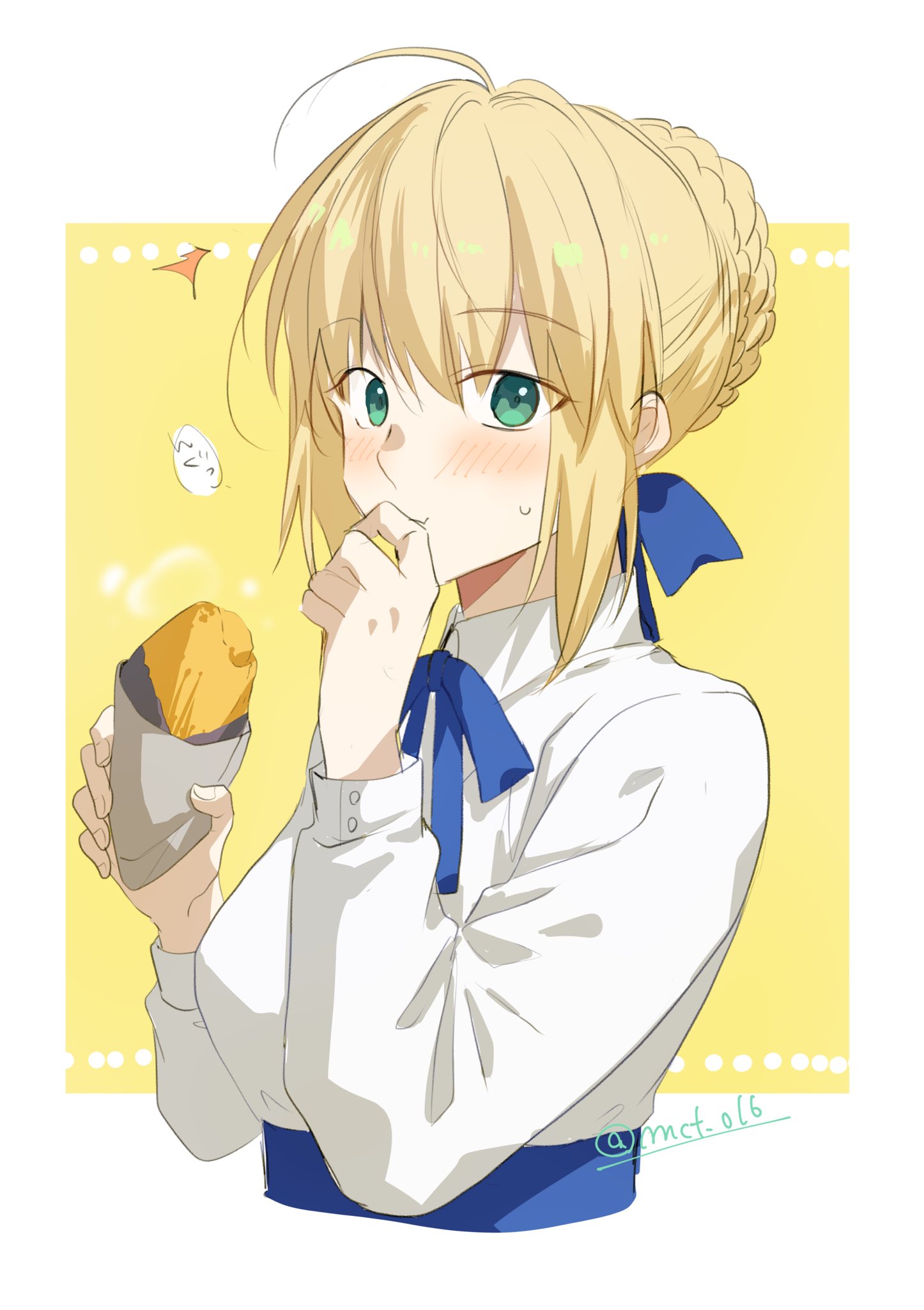 mct, artoria pendragon (fate), saber (fate), fate/stay night, fate (series), highres, 1girl, ahoge, artist name, blonde hair, blue bow, bow, braid, braided bun, dress, eating, food, food on face, green eyes, hair bun, signature, solo, twitter username, upper body