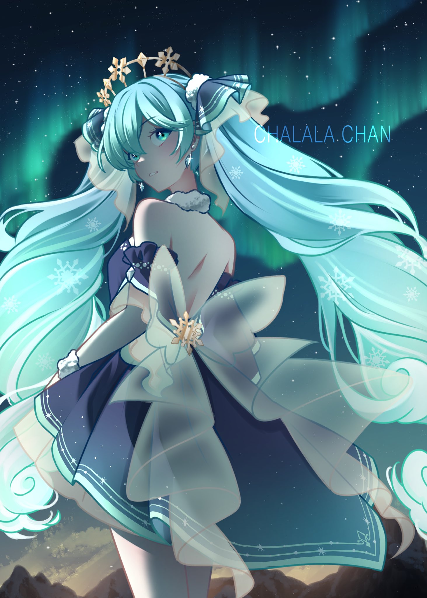 chalalachan, hatsune miku, vocaloid, commentary, highres, 1girl, aqua eyes, aqua hair, aqua trim, aurora, backless dress, backless outfit, black dress, dress, earrings, hair between eyes, hair ornament, jewelry, long hair, looking back, night, night sky, sky, solo, twintails, very long hair