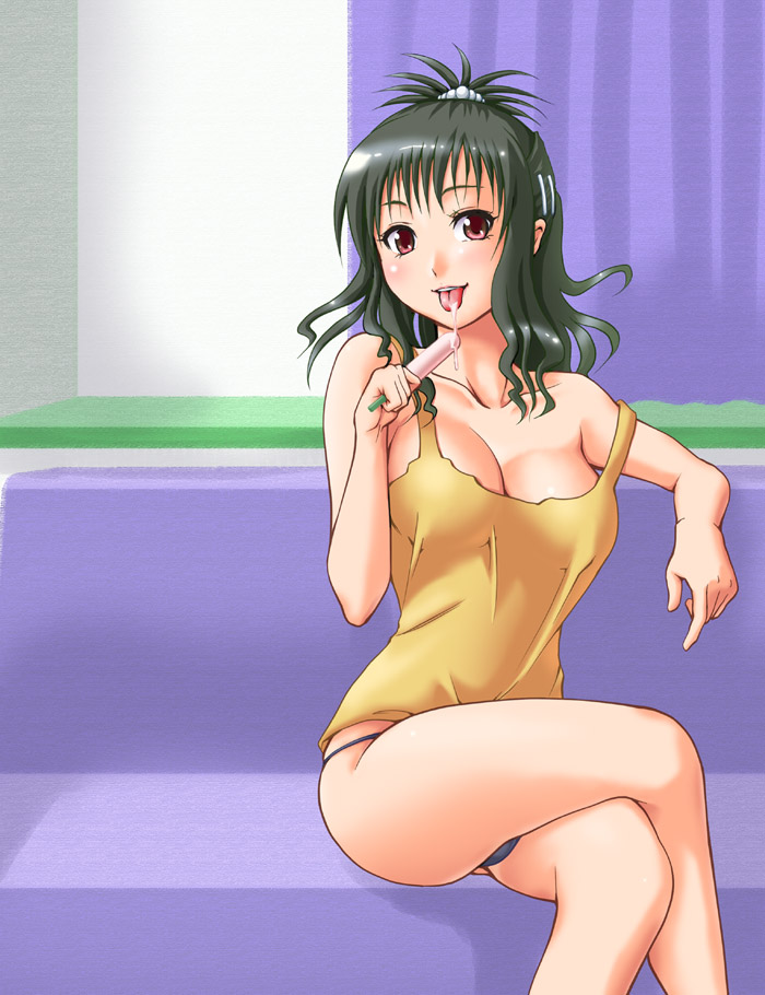 tsunken, yuuki mikan, to love-ru, 00s, 1girl, aged up, black hair, breasts, brown eyes, cleavage, crossed legs, female focus, food, large breasts, panties, popsicle, sexually suggestive, sitting, solo, underwear