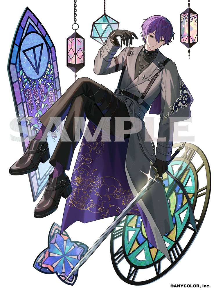 hinatsu, kenmochi touya, nijisanji, official art, 1boy, alternate costume, analog clock, arm at side, belt, belt buckle, black belt, black gloves, black pants, black shirt, black shoes, buckle, capelet, clock, coat, copyright notice, crossed legs, full body, glint, gloves, green eyes, grey capelet, grey coat, hair between eyes, hand up, holding, holding sword, holding weapon, invisible chair, jewelry, lamp, lapel pin, lapels, long sleeves, looking at viewer, male focus, necklace, notched lapels, o-ring, pants, purple capelet, purple coat, purple hair, purple socks, sample watermark, shirt, shoes, short hair, side cape, sideways glance, simple background, sitting, socks, solo, stained glass, suspenders, sword, turtleneck, turtleneck shirt, two-sided capelet, two-sided coat, two-sided fabric, virtual youtuber, watermark, weapon, white background, window