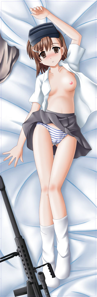 final (artist), narurun (final123), misaka imouto, toaru kagaku no railgun, toaru majutsu no index, long image, tall image, 00s, 1girl, anti-materiel rifle, barrett m82, blush, breasts, brown eyes, brown hair, cameltoe, clothes lift, empty eyes, female focus, full body, gun, head-mounted display, loose socks, medium breasts, open clothes, open shirt, panties, rifle, school uniform, scope, shirt, short hair, skirt, skirt lift, sniper rifle, socks, solo, striped clothes, striped panties, thigh gap, thighs, tokiwadai school uniform, underwear, weapon