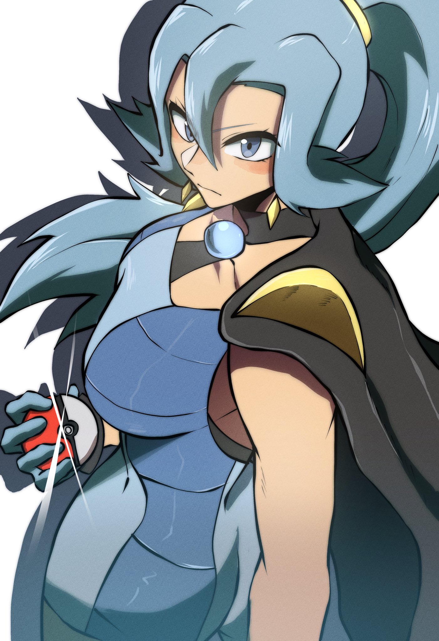 thatamaan, clair (pokemon), nintendo, pokemon, pokemon gsc, pokemon hgss, highres, 1girl, blue eyes, blue gloves, blue hair, bodysuit, breasts, cape, collarbone, earrings, glint, gloves, hair between eyes, holding, holding poke ball, jewelry, large breasts, long hair, poke ball, ponytail, sleeveless, solo