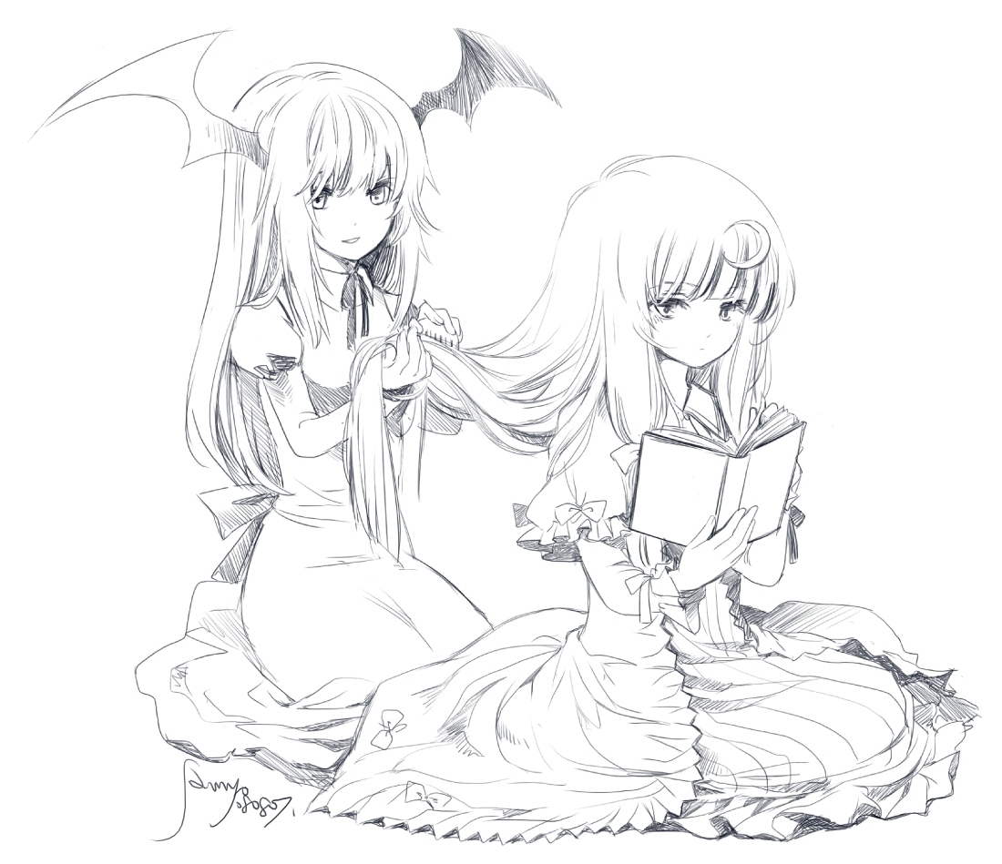 ssz, szuinyo, szuinyo (pixiv), koakuma, patchouli knowledge, embodiment of scarlet devil, touhou, bad id, bad pixiv id, 2girls, book, brushing hair, capelet, comb, crescent, female focus, greyscale, head wings, long hair, monochrome, multiple girls, no headwear, open book, open mouth, reading, ribbon, robe, sketch, wings