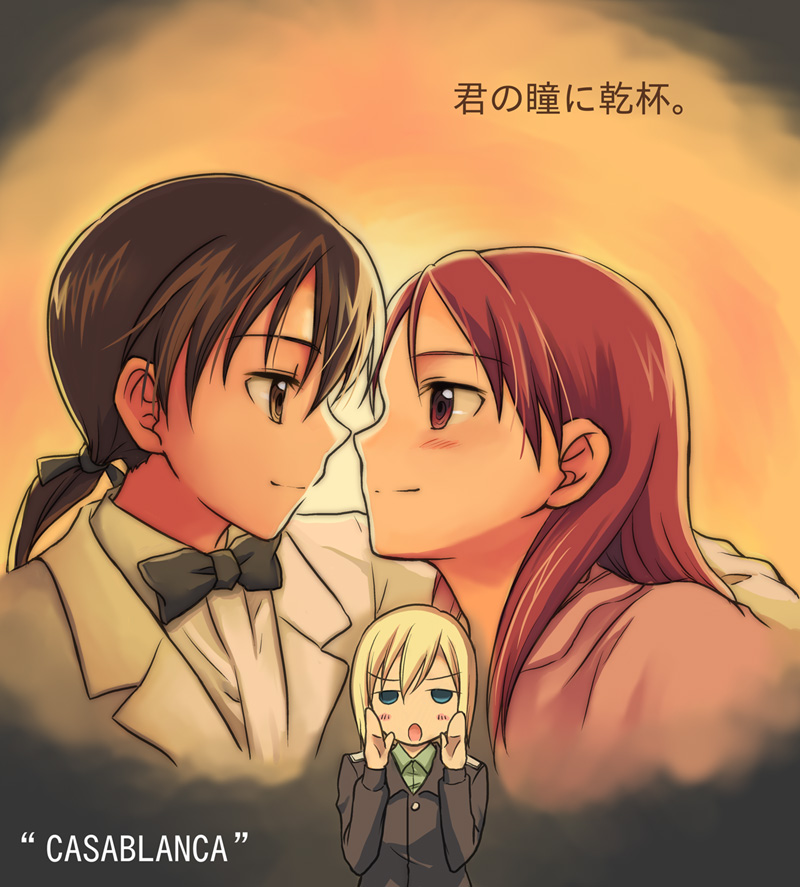 niina ryou, erica hartmann, gertrud barkhorn, minna-dietlinde wilcke, casablanca, strike witches, world witches series, bad id, bad pixiv id, translated, 3girls, blush, bow, bowtie, eye contact, formal clothes, looking at another, movie poster, multiple girls, parody, traditional bowtie, tuxedo, yuri