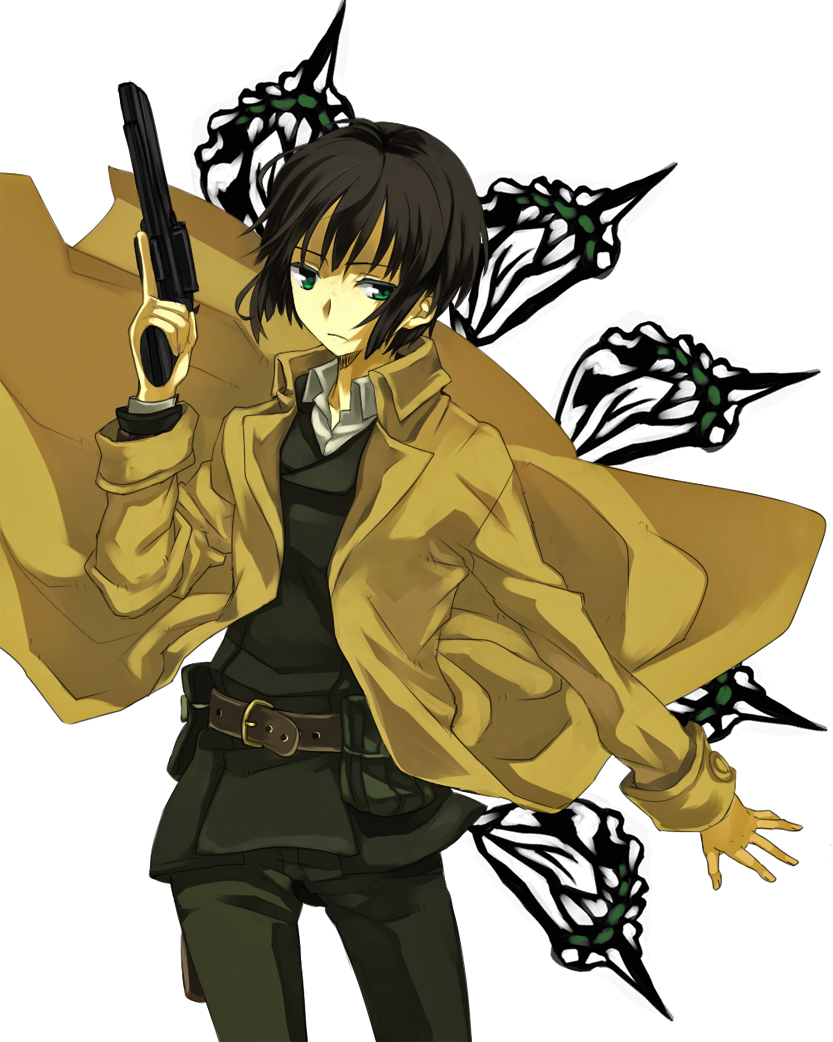 nanamura, japan (hetalia), kino (kino no tabi), axis powers hetalia, kino no tabi, bad id, bad pixiv id, 1girl, androgynous, belt, black hair, coat, cosplay, female focus, green eyes, gun, handgun, pistol, reverse trap, revolver, short hair, solo, weapon