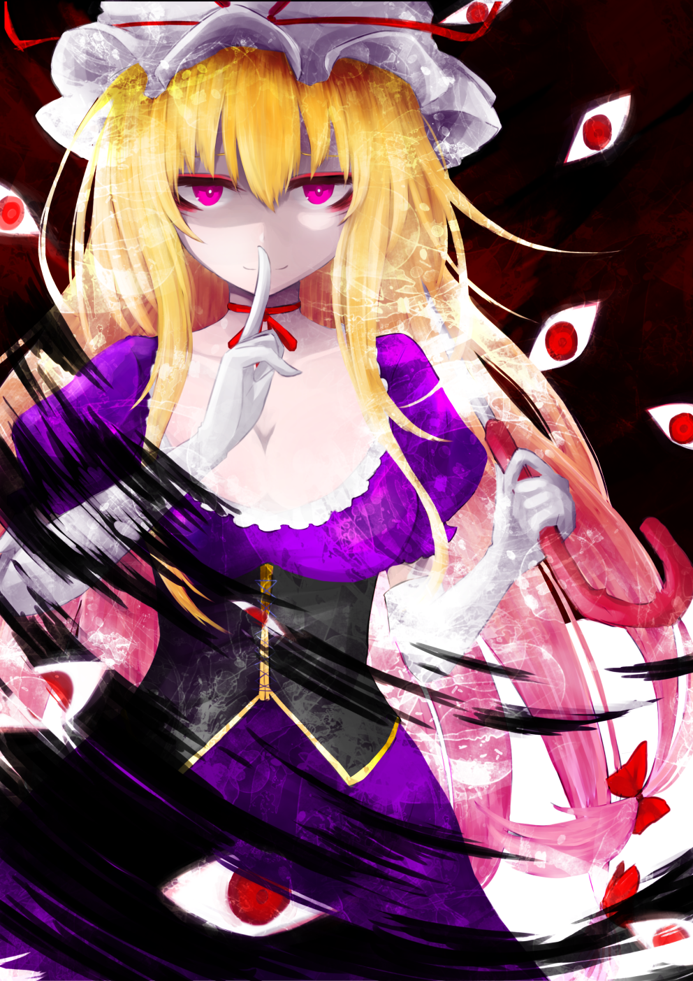 aizettonagi, yakumo yukari, touhou, commentary request, highres, 1girl, blonde hair, breasts, choker, cleavage, collarbone, corset, dress, elbow gloves, finger to mouth, frills, gap (touhou), gloves, hair between eyes, hair ribbon, hat, holding, holding umbrella, large breasts, light smile, long hair, looking at viewer, mob cap, purple dress, purple eyes, red eyes, ribbon, ribbon choker, solo, umbrella, very long hair, white gloves
