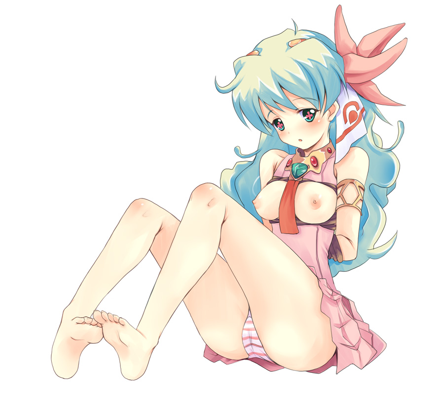 mofumofu (lorelei), nia teppelin, tengen toppa gurren lagann, + +, 00s, 1girl, armlet, arms behind back, barefoot, bdsm, bondage, bound, box tie, breast bondage, breasts, cross-shaped pupils, dress, feet, female focus, flower, hair flower, hair ornament, jewelry, long hair, multicolored hair, necktie, nipples, no bra, panties, pantyshot, pink dress, pink skirt, sitting, skirt, soles, solo, striped clothes, striped panties, symbol-shaped pupils, toes, underwear, upskirt