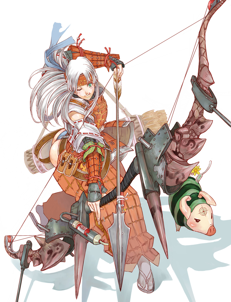 sanzhuangwangcat, poogie, capcom, monster hunter (series), 1girl, :p, armor, arrow (projectile), ass, blue panties, bow, bow (weapon), drawing bow, dynamite, explosive, female focus, flower, fork, gauntlets, green eyes, headband, holding, holding bow (weapon), holding weapon, lao-shan lung (armor), long hair, panties, pig, quiver, solo, tongue, tongue out, underwear, weapon, white hair