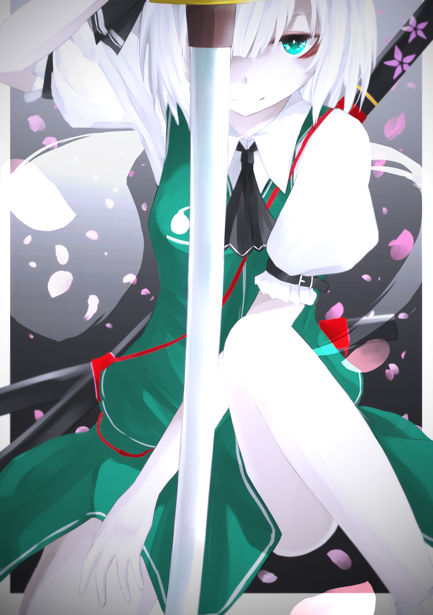 aizettonagi, konpaku youmu, konpaku youmu (ghost), touhou, absurdres, commentary request, highres, 1girl, ascot, black ascot, falling petals, green eyes, green skirt, green vest, hairband, holding, holding sword, holding weapon, katana, legs, looking at viewer, medium hair, petals, pink petals, shirt, short sleeves, skirt, smile, solo, sword, thighs, vest, weapon, white hair, white shirt