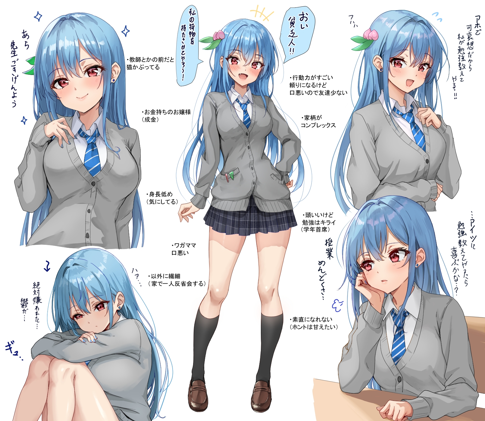 amagi (amagi626), hinanawi tenshi, touhou, highres, paid reward available, translation request, +++, 1girl, :d, alternate costume, arm at side, black skirt, black socks, blue hair, blue nails, blue necktie, blush, breasts, brown shoes, cardigan, clenched hand, closed mouth, collared shirt, diagonal-striped clothes, diagonal-striped necktie, earrings, fang, flying sweatdrops, food-themed hair ornament, frown, full body, grey cardigan, hair between eyes, hair intakes, hair ornament, hand on own hip, hand up, happy, hugging own legs, jewelry, kneehighs, knees up, leaf hair ornament, lips, loafers, long hair, looking at viewer, looking to the side, medium breasts, miniskirt, multiple views, nail polish, necktie, open mouth, peach hair ornament, plaid clothes, plaid skirt, pleated skirt, puff of air, red eyes, school uniform, shirt, shoes, sitting, skirt, sleeves past wrists, smile, socks, sparkle, standing, straight hair, striped clothes, stud earrings, thighs, upper body, very long hair, white shirt