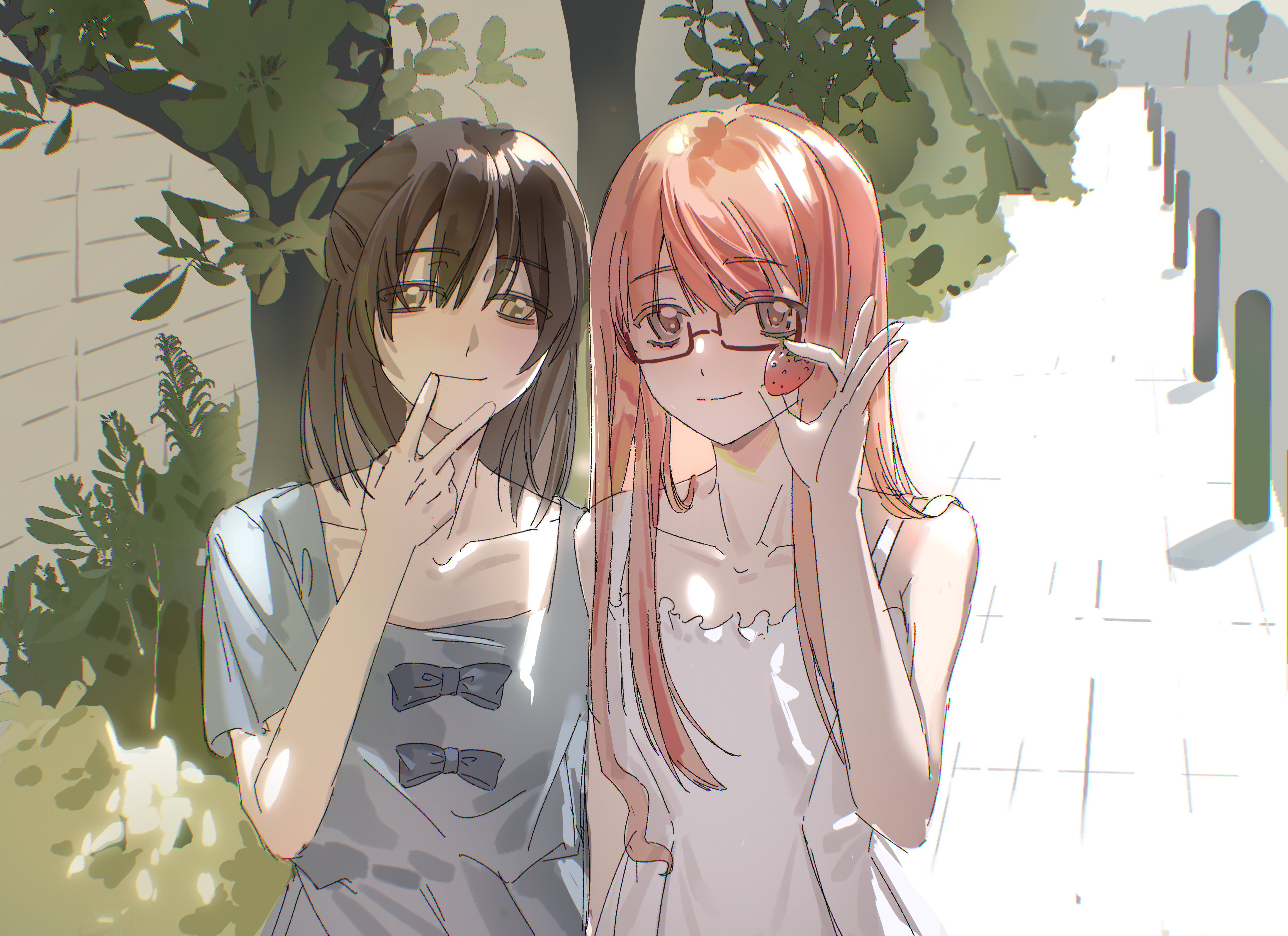 nikki (nikki), nikki (series), shining nikki, absurdres, character request, chinese commentary, commentary request, highres, 2girls, bags under eyes, bare arms, bare shoulders, bespectacled, blue bow, blue dress, bow, bow button, brown eyes, brown hair, bush, closed mouth, collarbone, cowboy shot, day, dot nose, dress, eyelashes, food, fruit, glasses, grey sky, hair between eyes, hand on own chin, happy, holding, holding food, holding fruit, long hair, long sidelocks, medium hair, multiple girls, outdoors, pink hair, pleated dress, pleated skirt, red-framed eyewear, road, short sleeves, sidelocks, sidewalk, sjxyw, skirt, sky, sleeveless, sleeveless dress, smile, square neckline, standing, straight hair, strawberry, street, sundress, tree, v, very long hair, white dress, yellow eyes