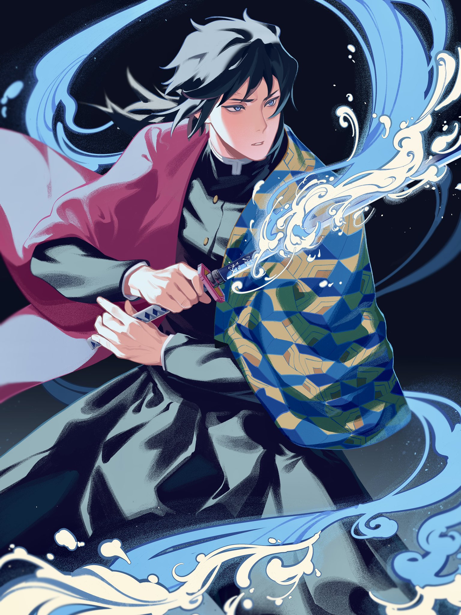 mumechi, tomioka giyuu, kimetsu no yaiba, highres, 1boy, black hair, black jacket, black pants, blue eyes, buttons, demon slayer uniform, gold buttons, haori, high collar, holding, holding sword, holding weapon, jacket, japanese clothes, katana, kikkoumon, low ponytail, male focus, pants, parted lips, ponytail, print haori, red haori, solo, spiked hair, sword, teeth, water, weapon