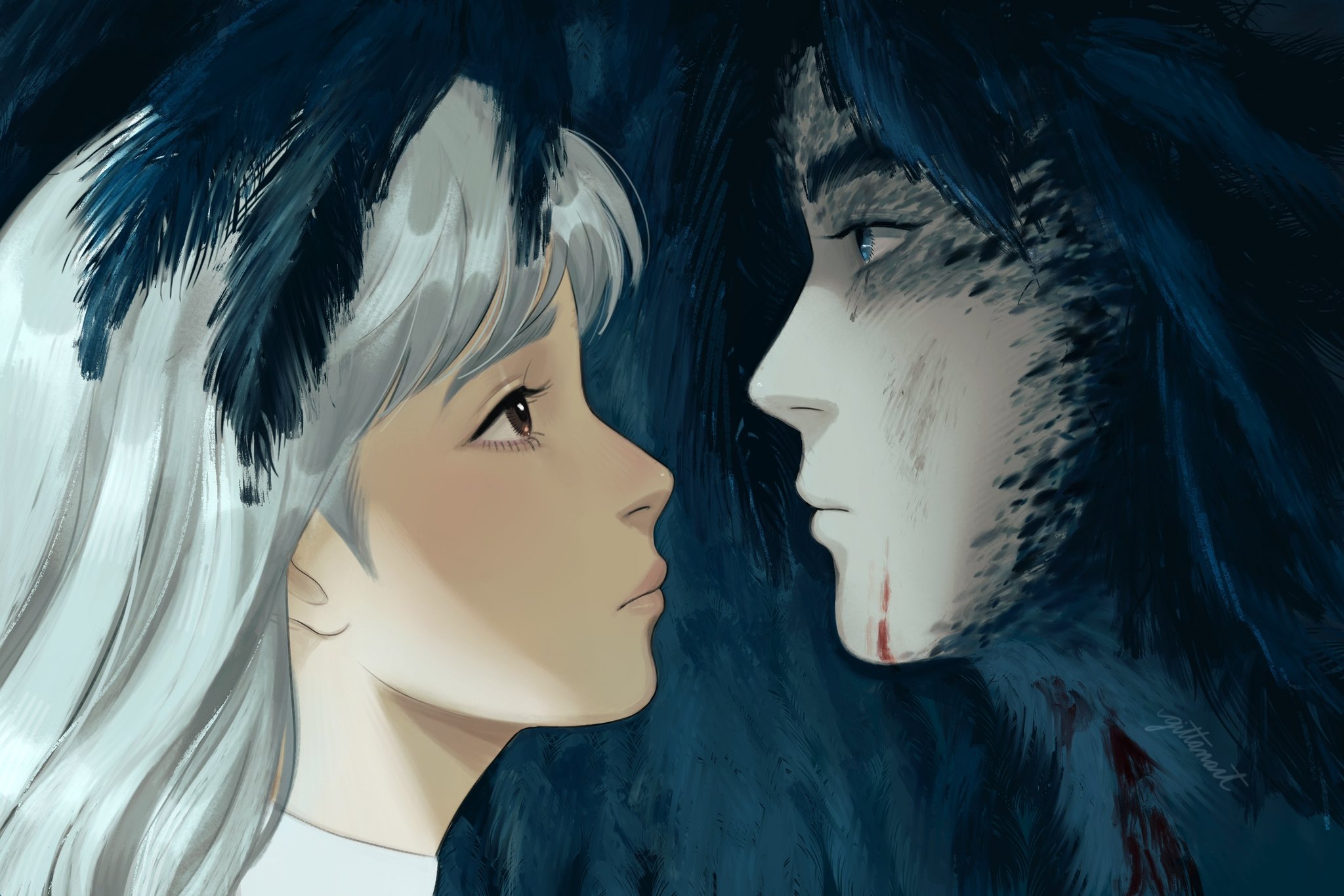gittanart, sophie hatter (howl no ugoku shiro), howl no ugoku shiro, howl pendragon, commentary, derivative work, highres, screenshot redraw, 1boy, 1girl, blood, blood on face, blue eyes, brown eyes, close-up, closed mouth, expressionless, eyelashes, grey background, looking ahead, looking at another, profile, signature, thick eyebrows