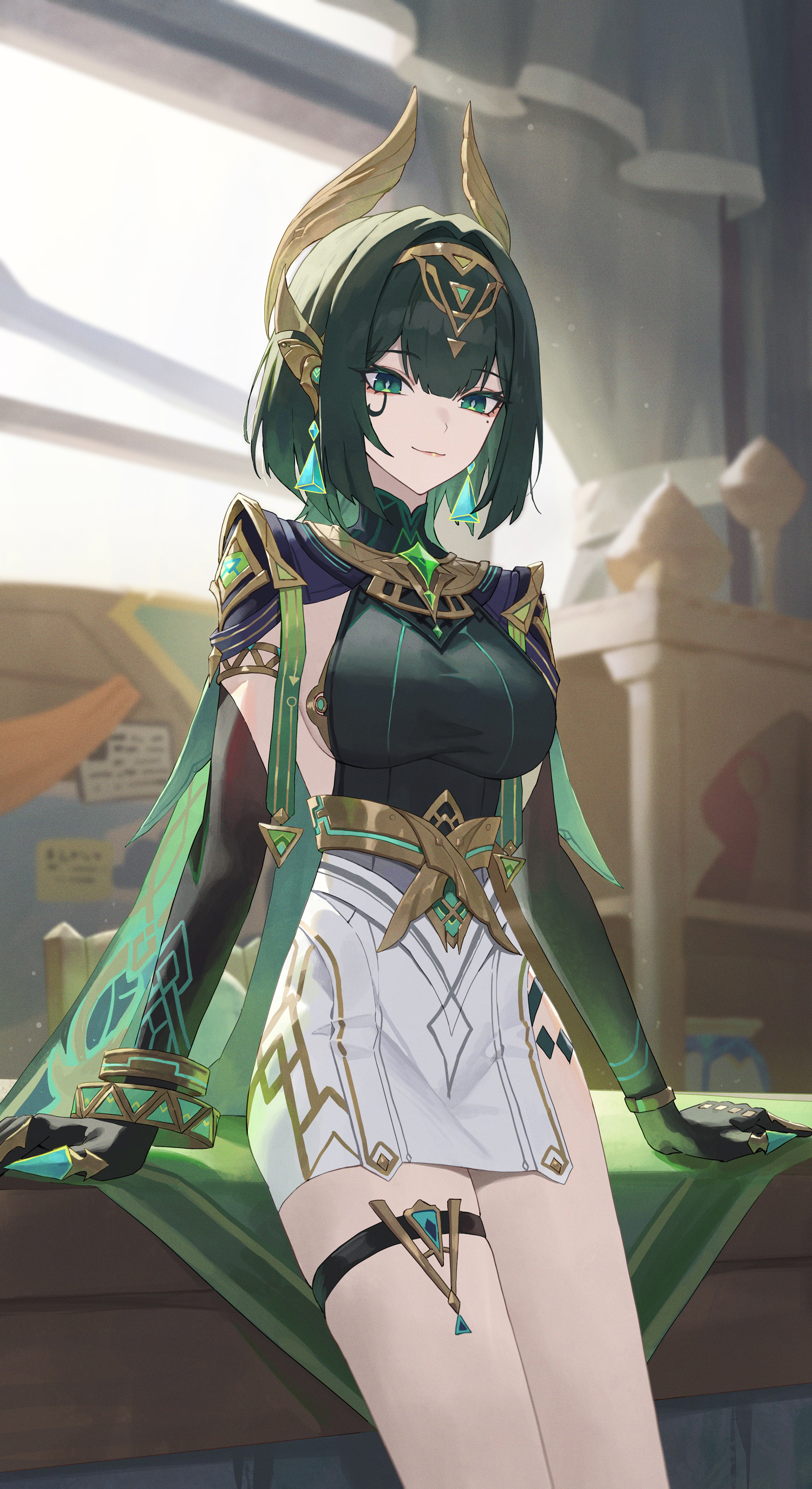 llami 0, nefer (genshin impact), genshin impact, absurdres, commentary, highres, 1girl, black gloves, breasts, closed mouth, earrings, elbow gloves, facial mark, gloves, green eyes, green hair, green shirt, hair intakes, headgear, jewelry, large breasts, looking at viewer, mark under eye, medium hair, mole, mole under eye, shirt, skirt, smile, solo, thigh strap, thighs, white skirt