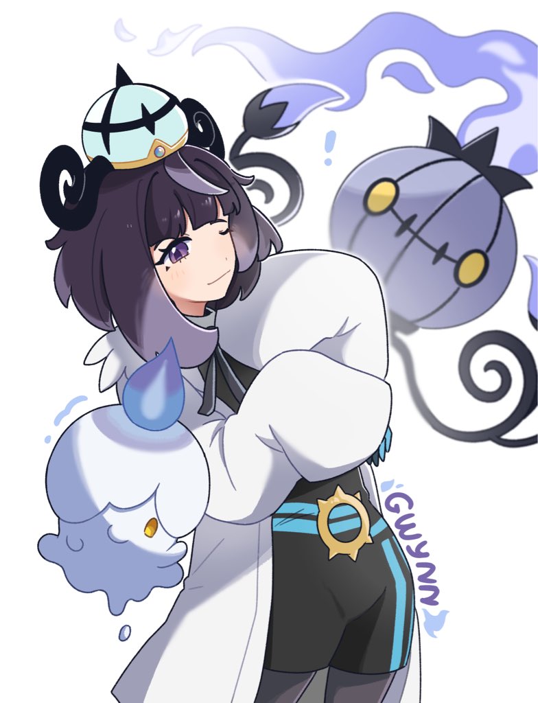 ni12345670, chandelure, gwynn (pokemon), litwick, nintendo, pokemon, pokemon legends: z-a, !, 1girl, black dress, black hair, blue gloves, blunt bangs, candle, chandelier, closed mouth, coat, dress, fire, gen 5 pokemon, gloves, hat, long sleeves, one eye closed, open clothes, open coat, pokemon (creature), purple eyes, purple hair, short hair, smile, white background, white coat, yellow eyes