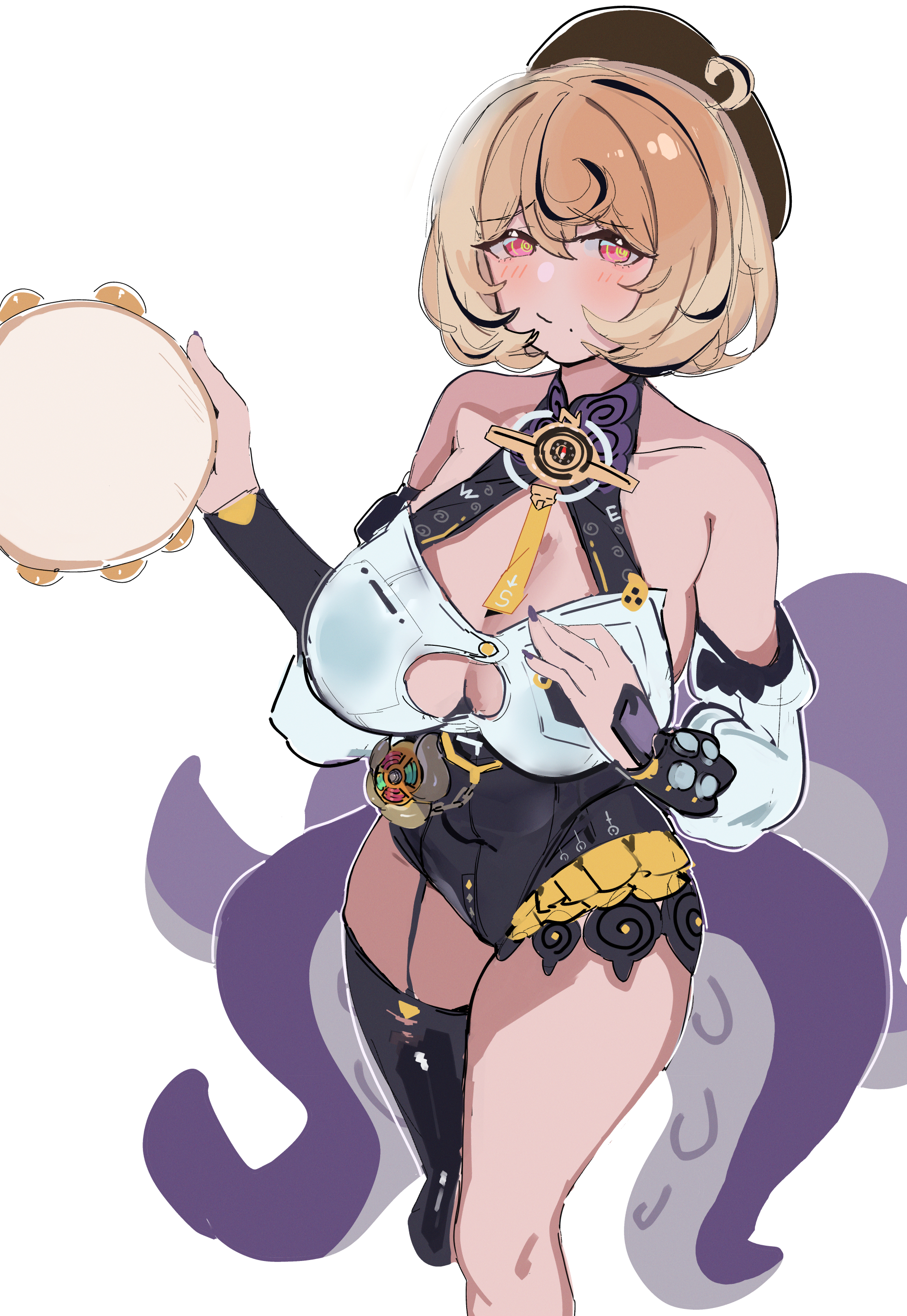 massivedoontwei, yidhari murphy, zenless zone zero, absurdres, highres, 1girl, asymmetrical shorts, bare shoulders, beret, black hat, blonde hair, breasts, detached sleeves, hat, high-waist shorts, instrument, large breasts, looking at viewer, monster girl, multicolored hair, scylla, shorts, solo, tambourine, tentacles