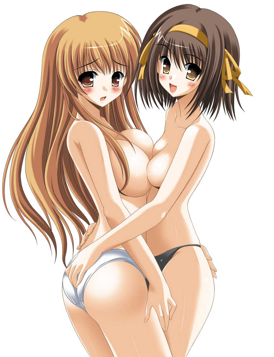 asahina mikuru, suzumiya haruhi, suzumiya haruhi no yuuutsu, highres, jpeg artifacts, 00s, asymmetrical docking, breast press, breasts, curvy, hug, large breasts, panties, topless female, underwear, yuri