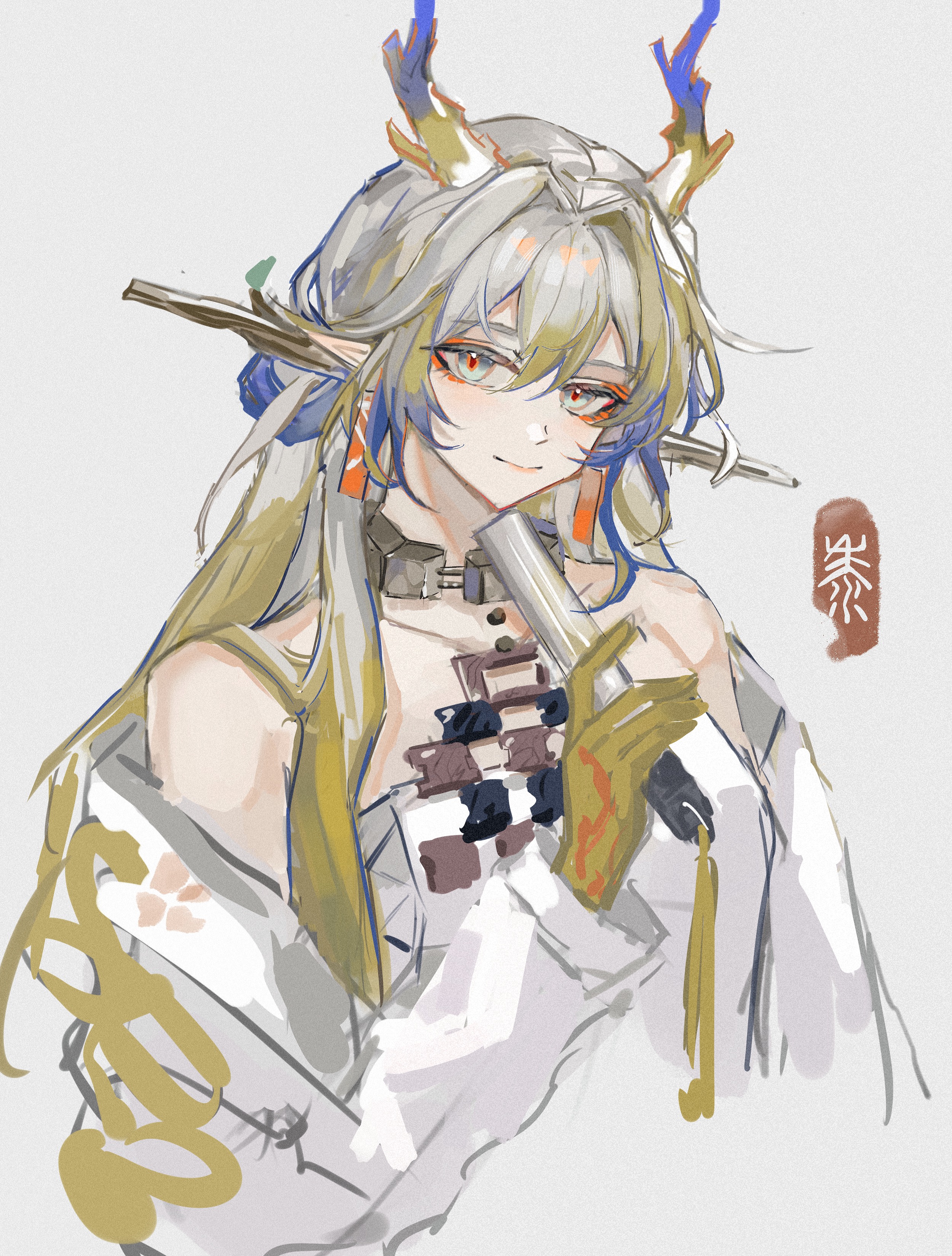 zhishi mao tiao, shu (arknights), arknights, absurdres, highres, 1girl, bare shoulders, blonde hair, blue hair, closed mouth, colored extremities, dragon girl, dragon horns, earrings, eyeliner, grey eyes, grey hair, hair between eyes, hair intakes, holding, horns, jacket, jewelry, long hair, long sleeves, looking at viewer, makeup, multicolored hair, necklace, off shoulder, orange eyeliner, pointy ears, simple background, sketch, smile, solo, white background, white jacket