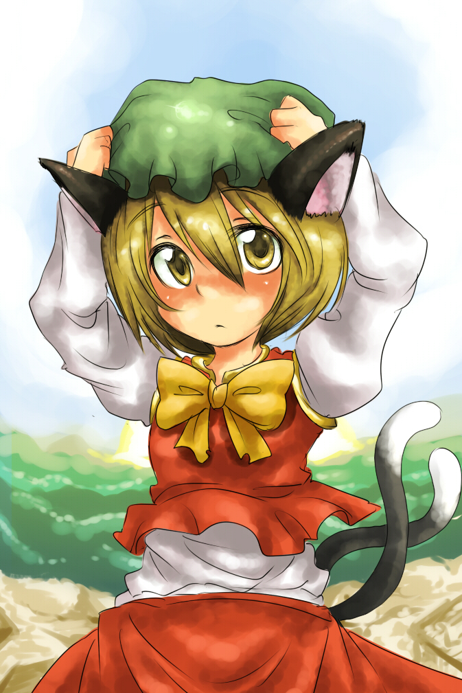 harusame (unmei no ikasumi), chen, lunasa prismriver, touhou, 1girl, animal ears, blonde hair, bow, bowtie, cat ears, cat girl, cat tail, chen (cosplay), cosplay, female focus, hat, multiple tails, short hair, solo, tail
