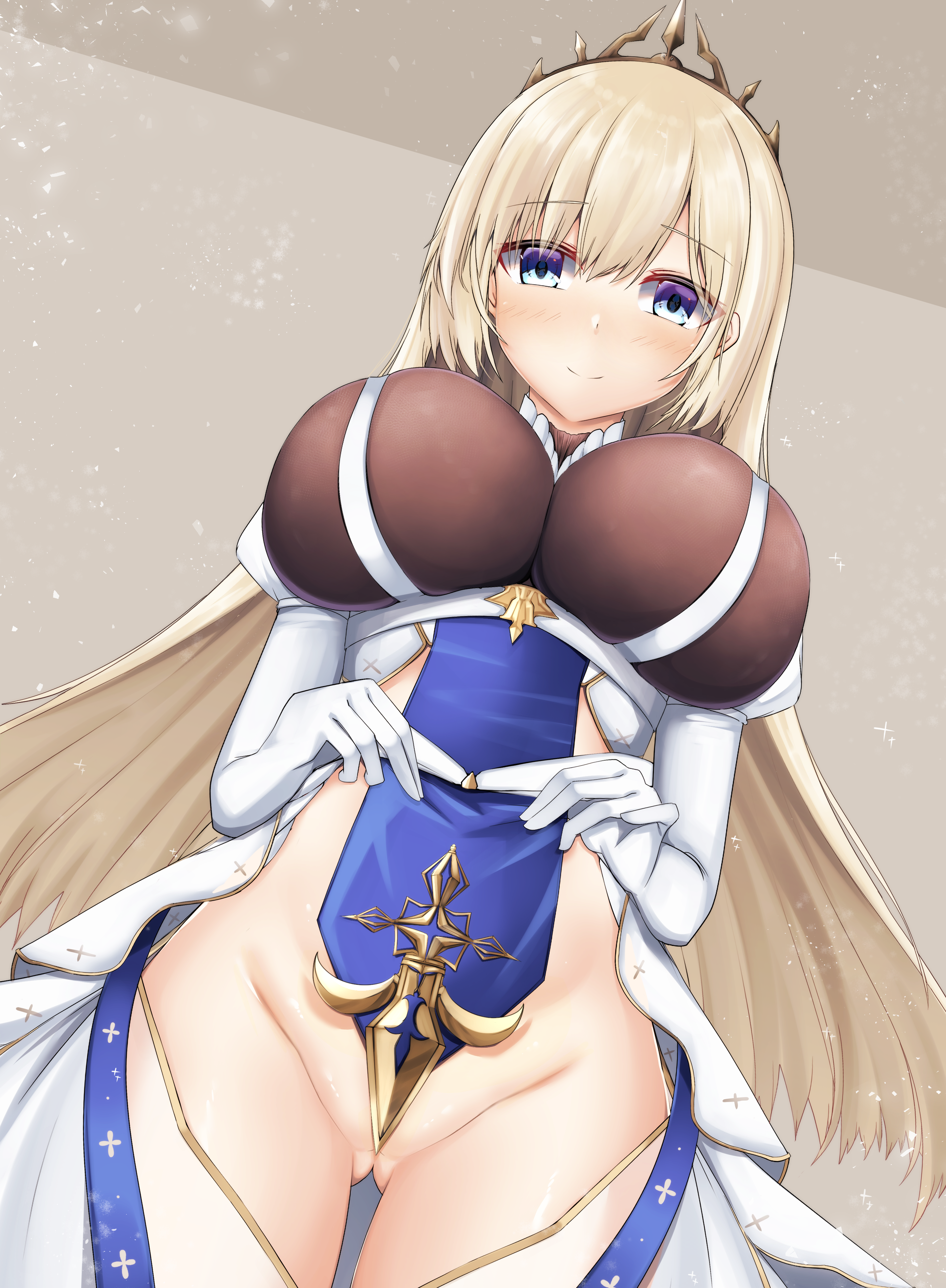 manatu kato, painleve (azur lane), azur lane, absurdres, commentary request, commission, highres, pixiv commission, 1girl, blonde hair, blue eyes, breasts, crown, dutch angle, fleur-de-lis, framed breasts, from below, gloved sleeves, gloves, gluteal fold, gold trim, juliet sleeves, large breasts, long hair, long sleeves, looking at viewer, looking down, pelvic curtain, puffy sleeves, solo, thigh gap, white gloves