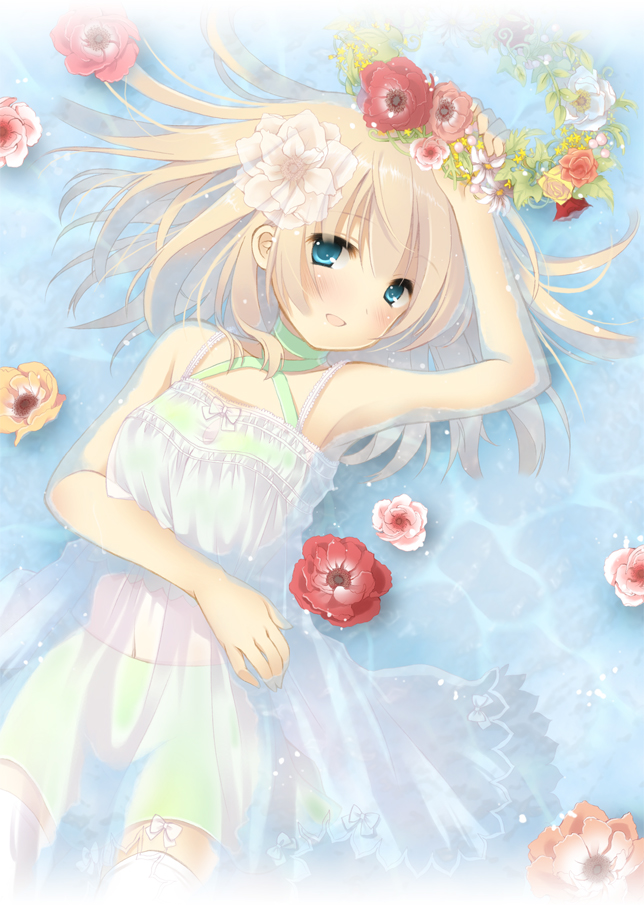 pan (mimi), original, bad id, bad pixiv id, 1girl, armpits, bare shoulders, blonde hair, blue eyes, camellia, dress, female focus, flower, halterneck, head wreath, looking at viewer, lying, on back, partially submerged, see-through clothes, shallow water, shorts under dress, smile, solo, thighhighs, water, white dress, white thighhighs
