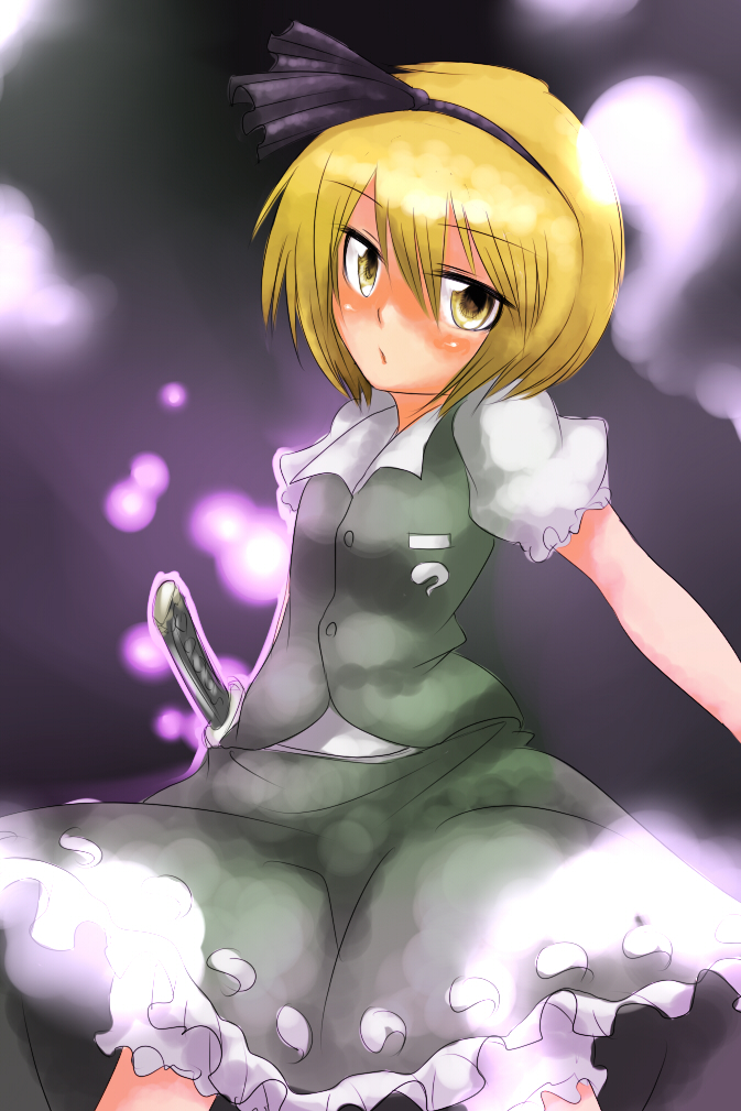 harusame (unmei no ikasumi), konpaku youmu, lunasa prismriver, touhou, 1girl, blonde hair, bloomers, bow, cosplay, female focus, gradient background, hair bow, katana, konpaku youmu (cosplay), short hair, skirt, solo, sword, underwear, weapon, yellow eyes