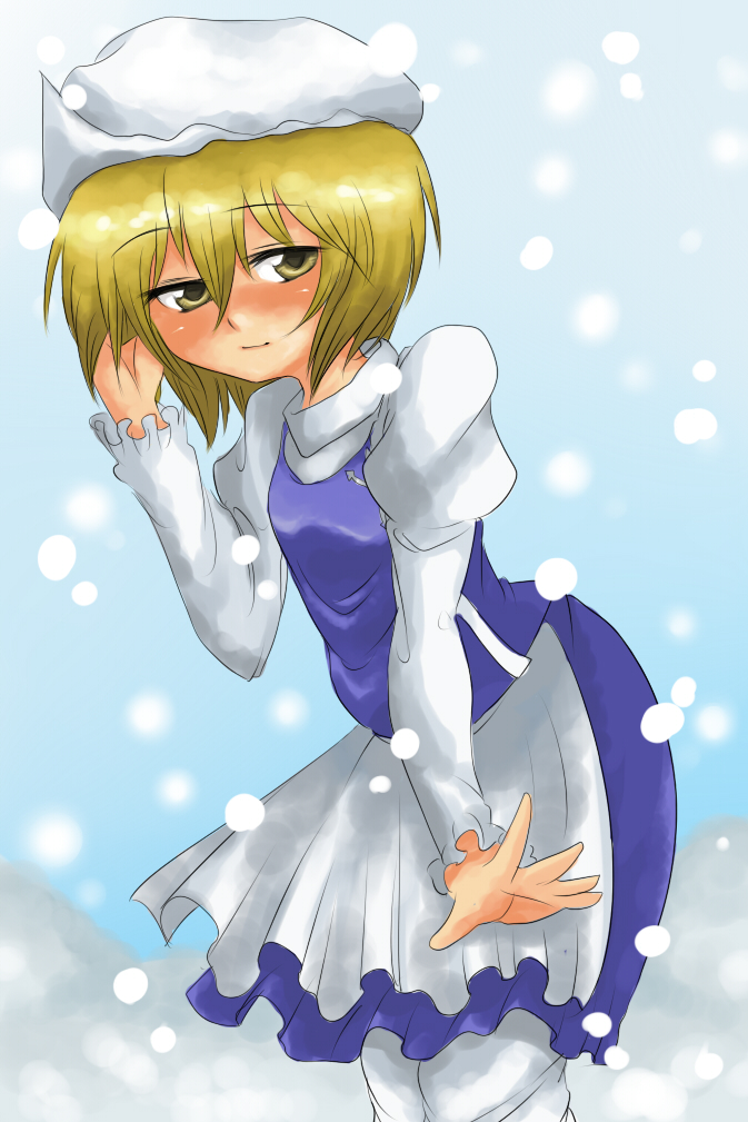 harusame (unmei no ikasumi), letty whiterock, lunasa prismriver, touhou, 1girl, blonde hair, cosplay, female focus, gradient background, hat, letty whiterock (cosplay), outdoors, short hair, sky, snow, solo, standing, yellow eyes